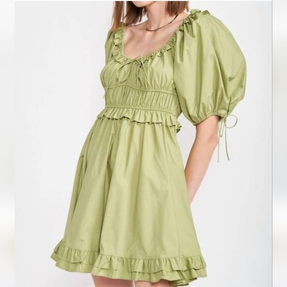 En Saison Danielle Sage Green Smocked Puff Sleeve Mini Dress Size L